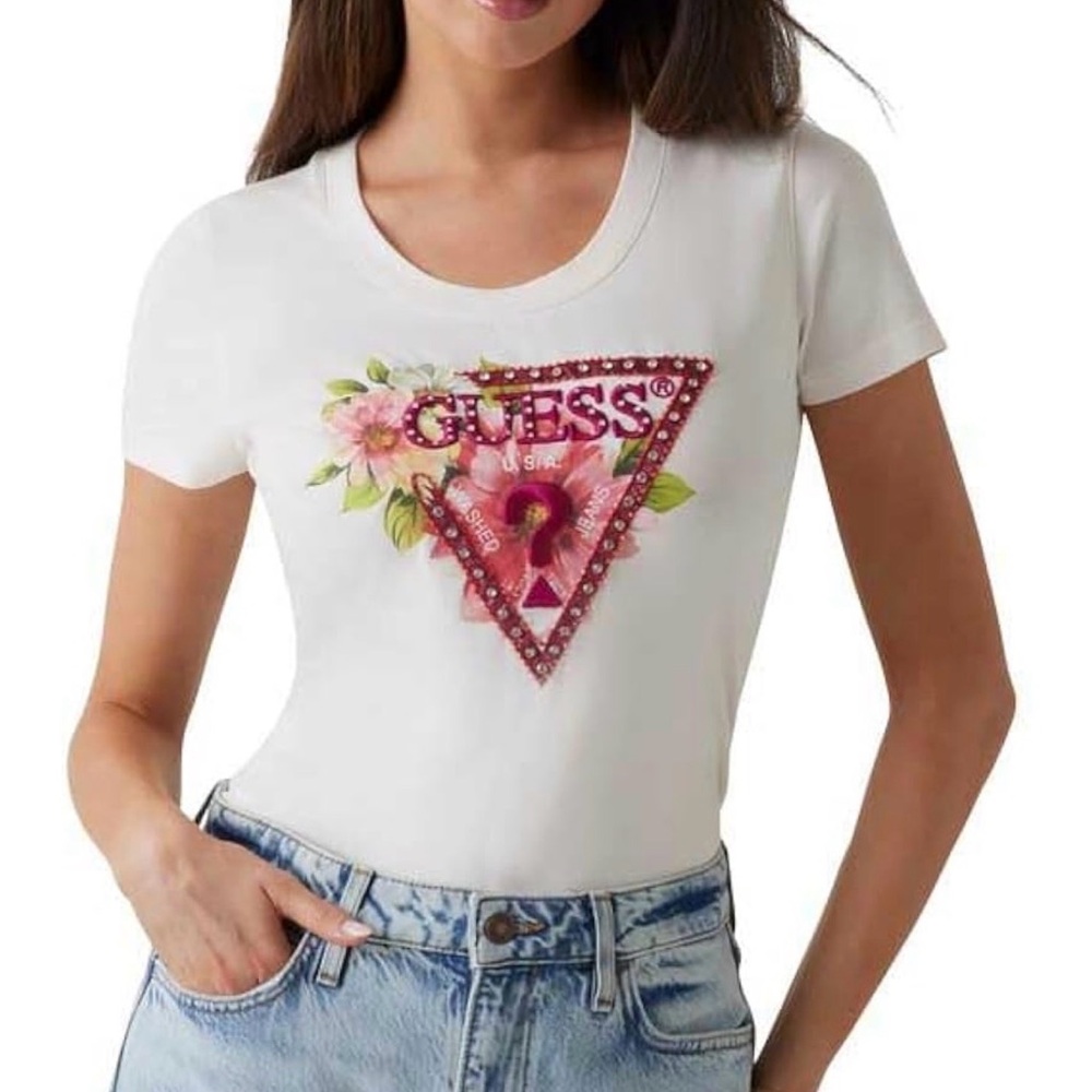 Guess Womens Eco Short Sleeve Triangle Beads Tee